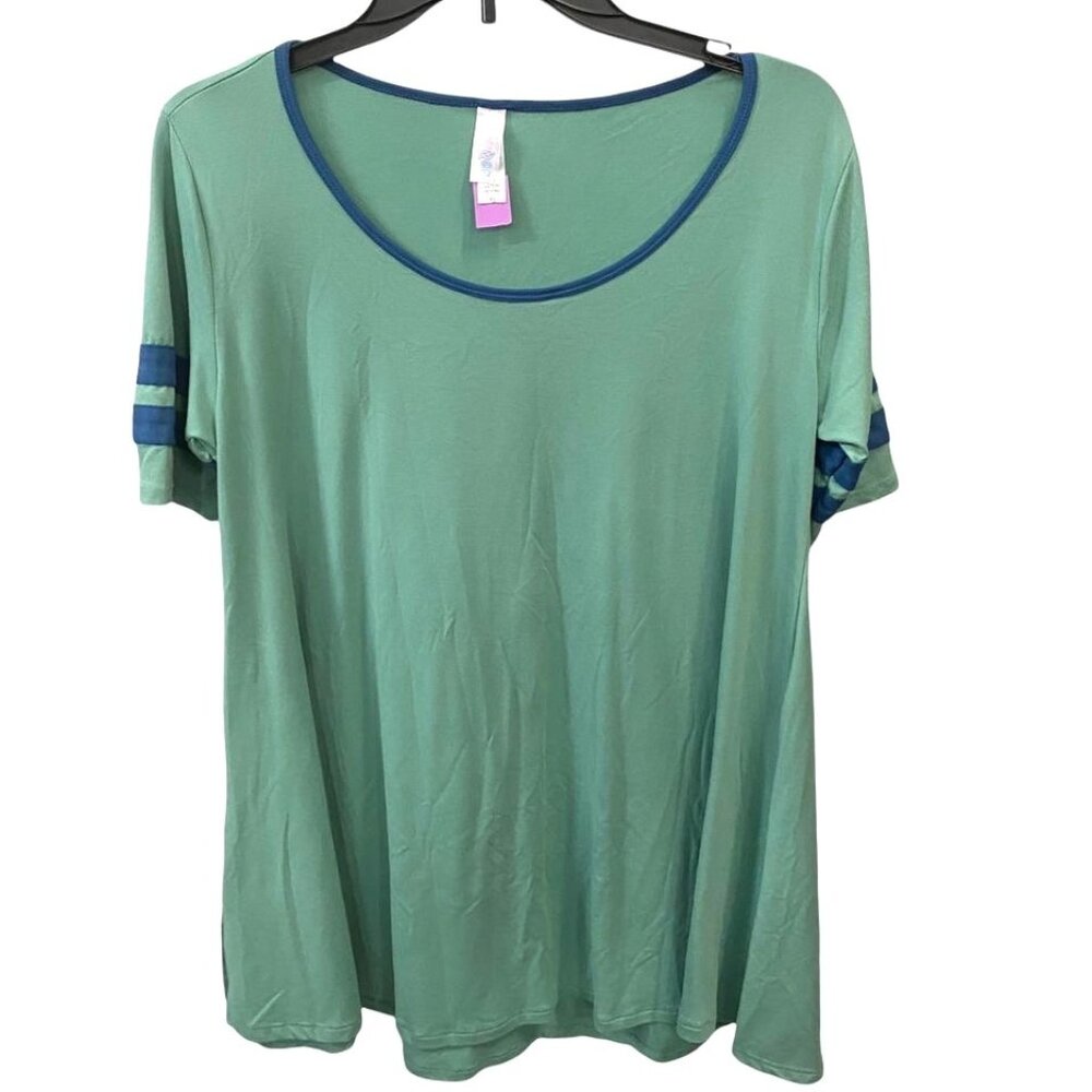 Lularoe Womens XS Green Blue Ringer Tshirt Scoop Neck Short Sleeve Tunic Comfy